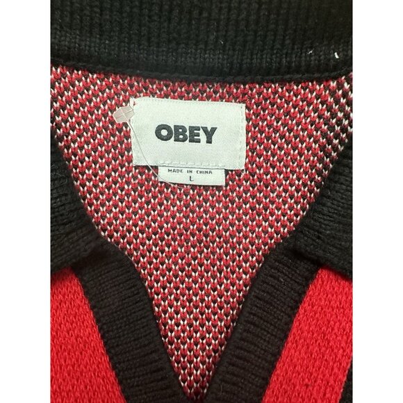 Obey Sweater Mens Large Red Black Polo Pullover Soccer Jersey 89 Stripe Knit - Picture 4 of 7